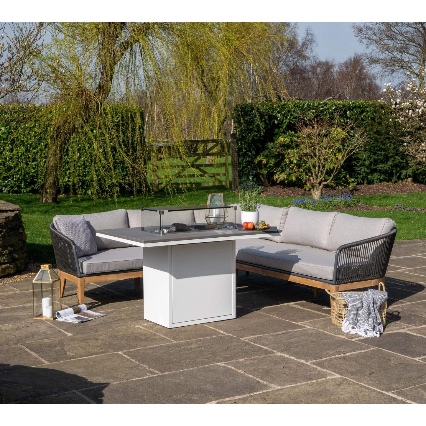 Cosiloft 120 White and Grey Relaxed Outdoor Gas Fire Pit Dining Table