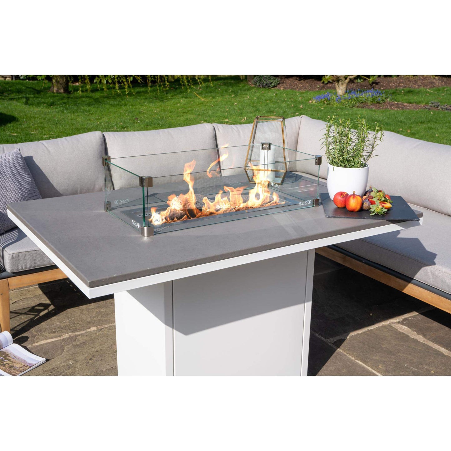 Cosiloft 120 White and Grey Relaxed Outdoor Gas Fire Pit Dining Table