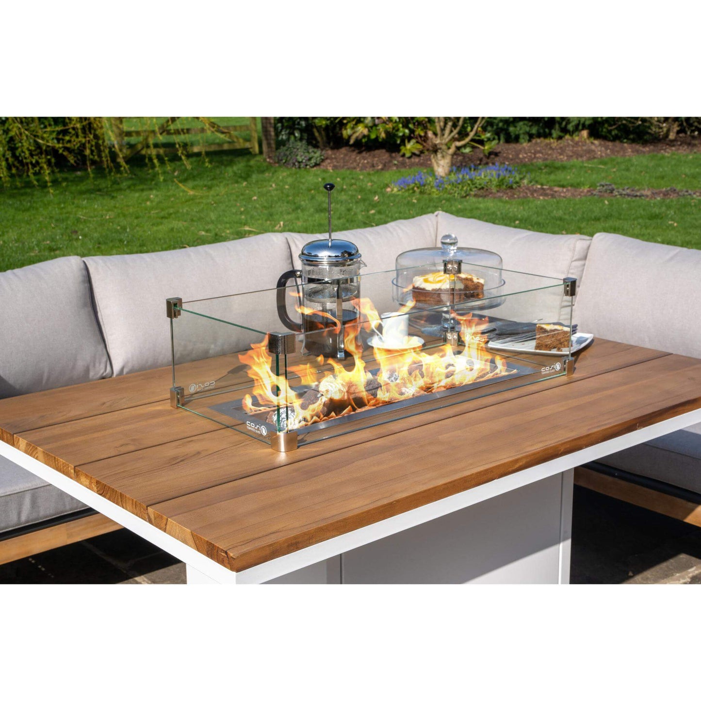 Cosiloft 120 White and Teak Relaxed Outdoor Gas Fire Pit Dining Table