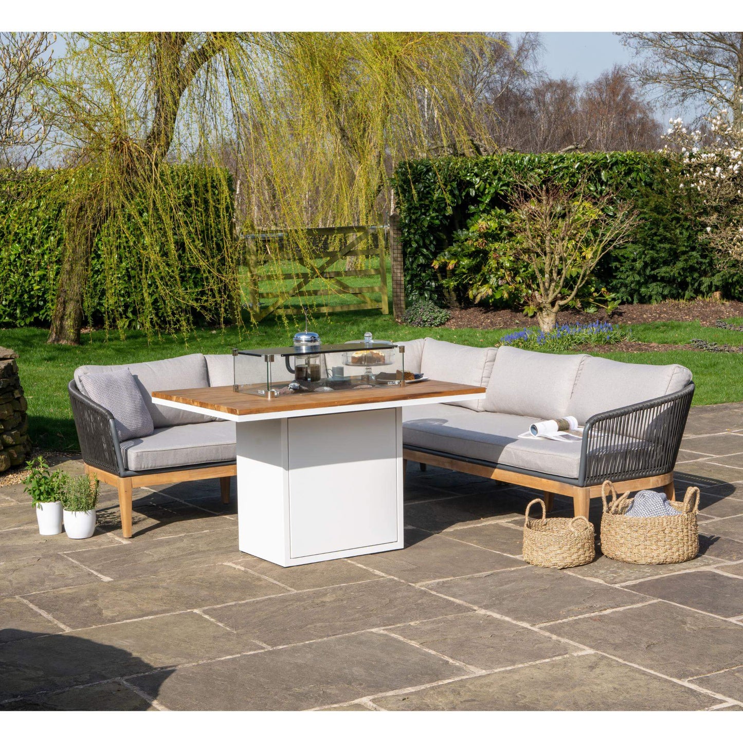 Cosiloft 120 White and Teak Relaxed Outdoor Gas Fire Pit Dining Table