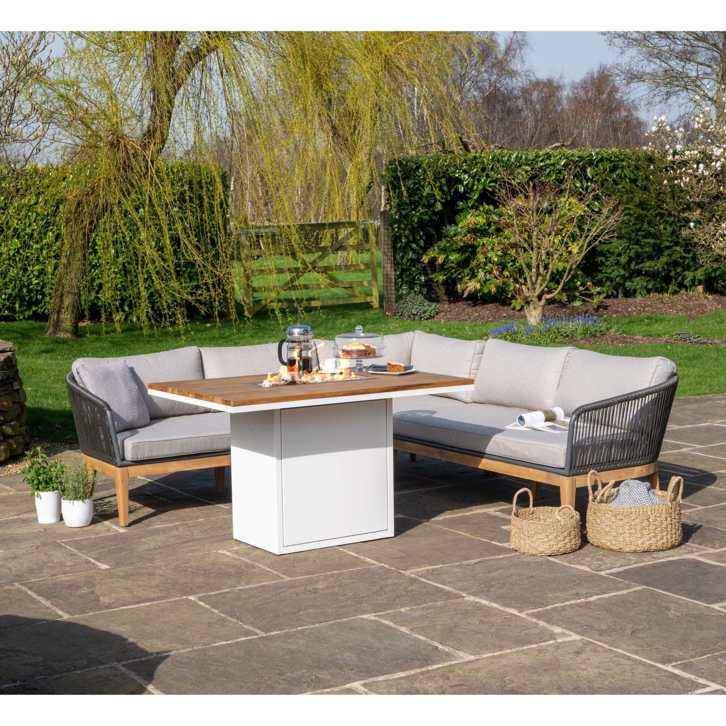 Cosiloft 120 White and Teak Relaxed Outdoor Gas Fire Pit Dining Table